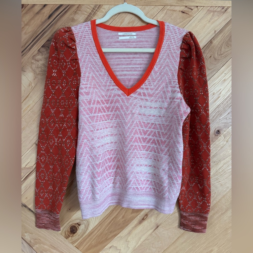 Anthropologie Cherie Rust Puff Sleeve Pullover Sweater Size Large